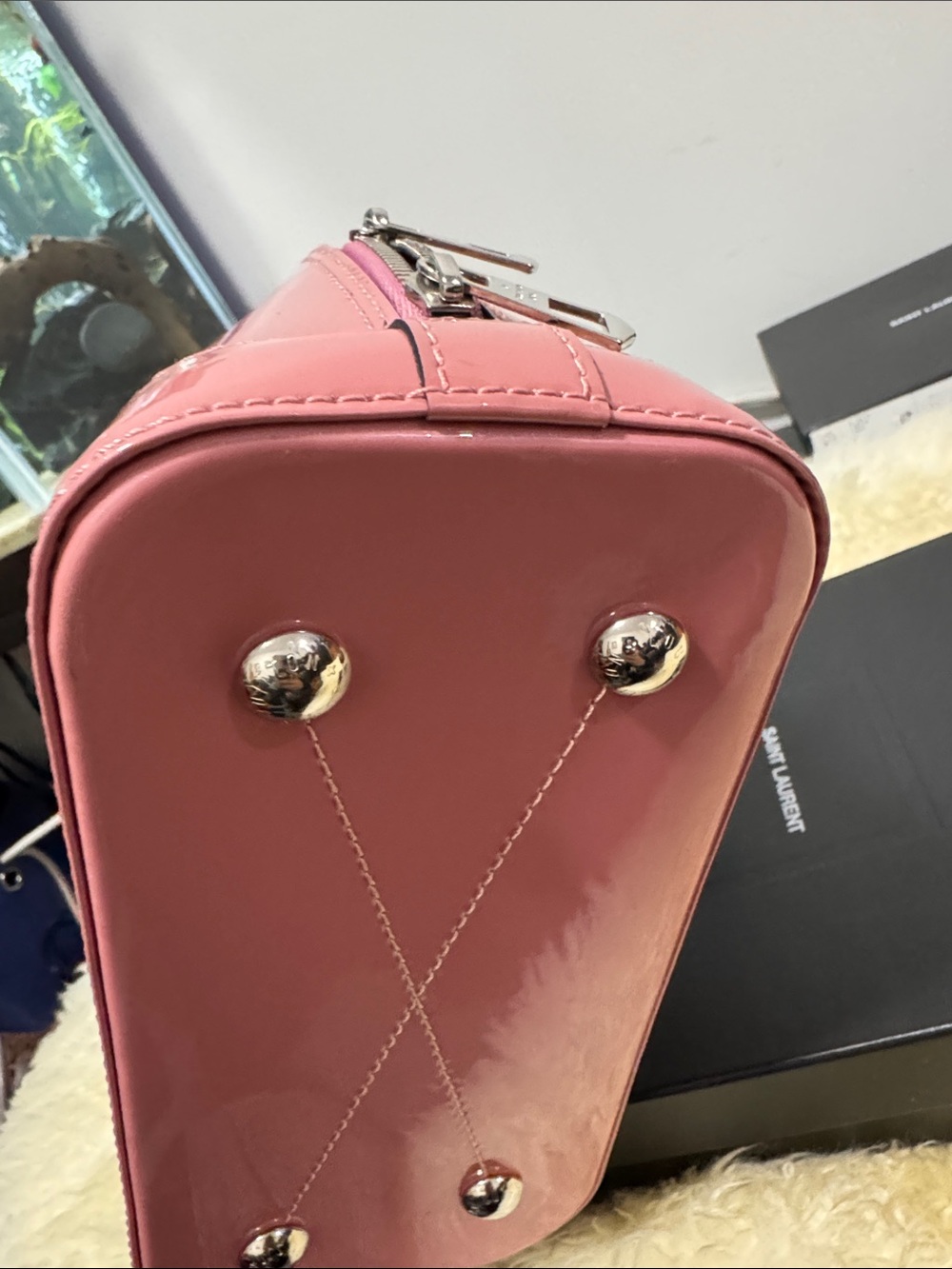 Louis Vuitton Pink Patent Alma Handbag with White Monogram Accents - Picture 6 of 11